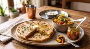 aloo parantha along with sabji and pickle