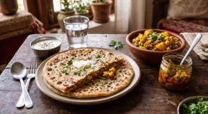 gobi parantha along with sabji and pickle