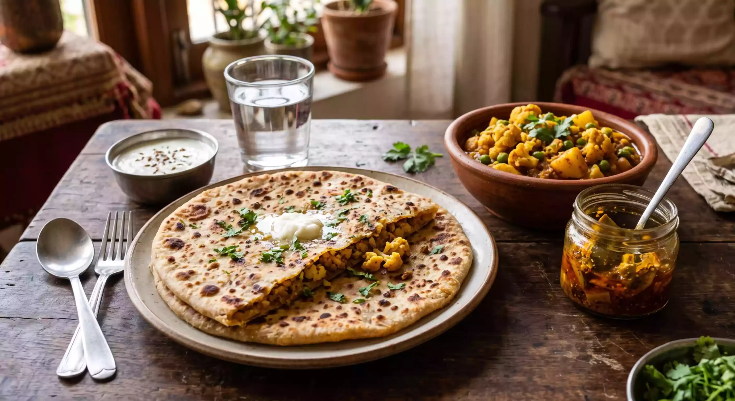 gobi parantha along with sabji and pickle